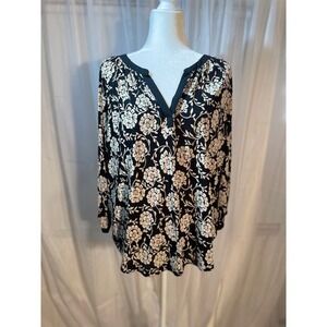 Loft Size Medium Blouse Long-Sleeve‎ Blouse Black Cream Floral